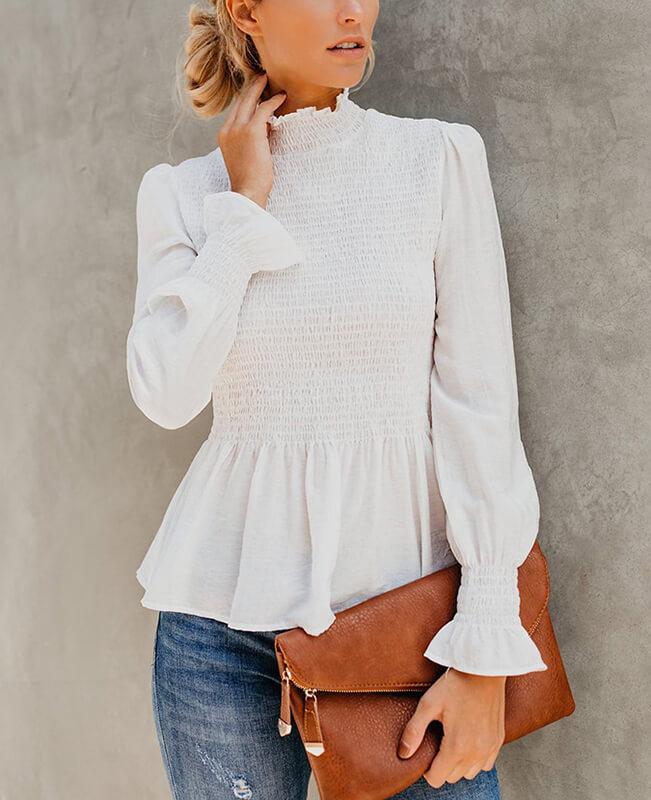 Long Sleeve Frilled Trim Chiffon Blouse