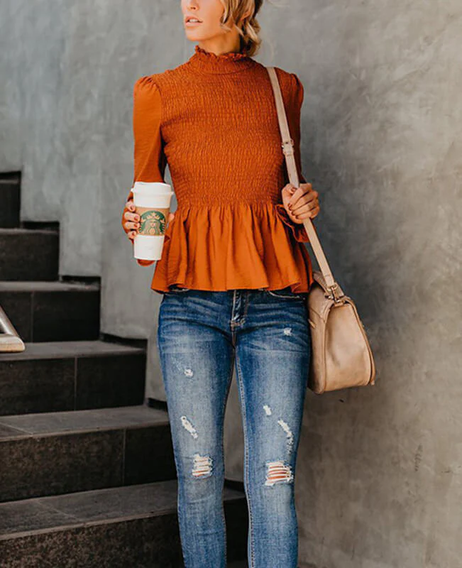 Long Sleeve Frilled Trim Chiffon Blouse