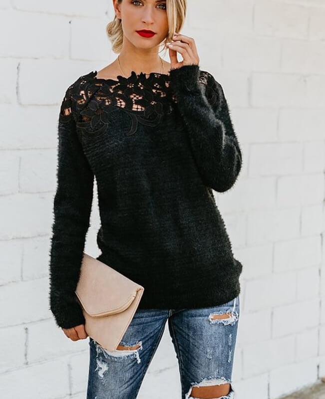Lace Patchwork Furry Black Sweater