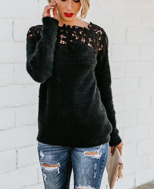 Lace Patchwork Furry Black Sweater