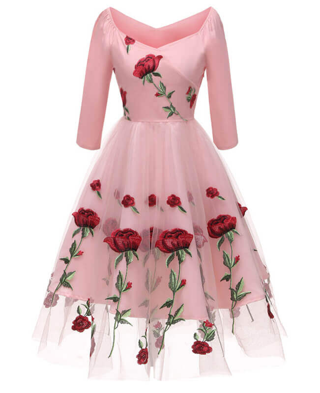 Vintage Style Mesh Rose Floral Dresses