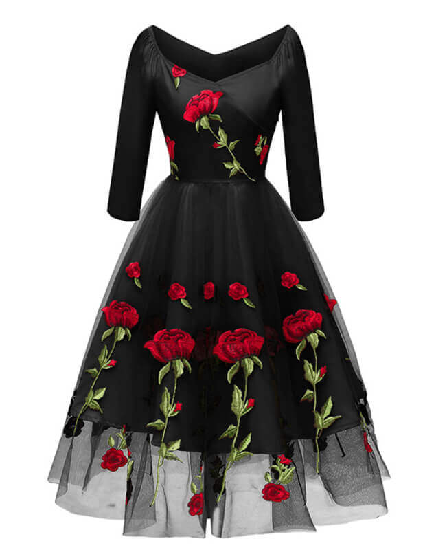 Vintage Style Mesh Rose Floral Dresses