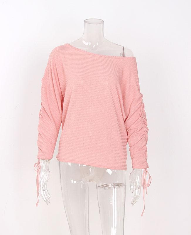 One Shoulder Drawstring Pink Sweater