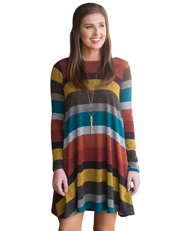 Casual Loose Long Sleeve Striped Dress-10