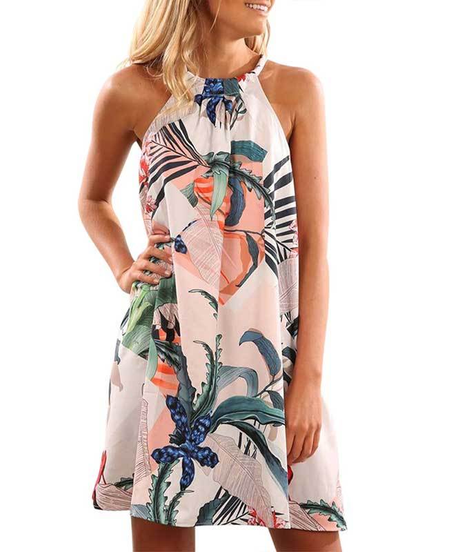 Floral Print Sleeveless Mini Halter Dress