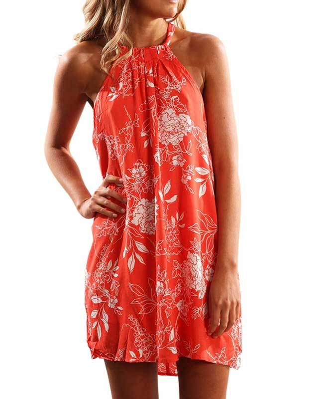 Floral Print Sleeveless Mini Halter Dress