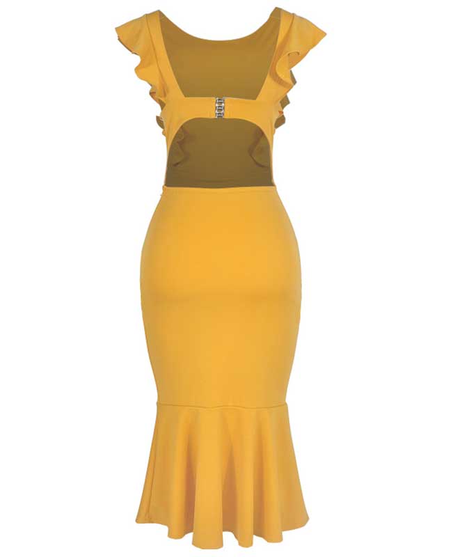 Ruffle Sleeveless Fishtail Bodycon Midi Dress