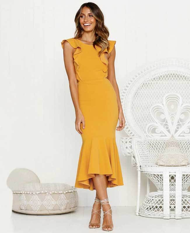 Ruffle Sleeveless Fishtail Bodycon Midi Dress