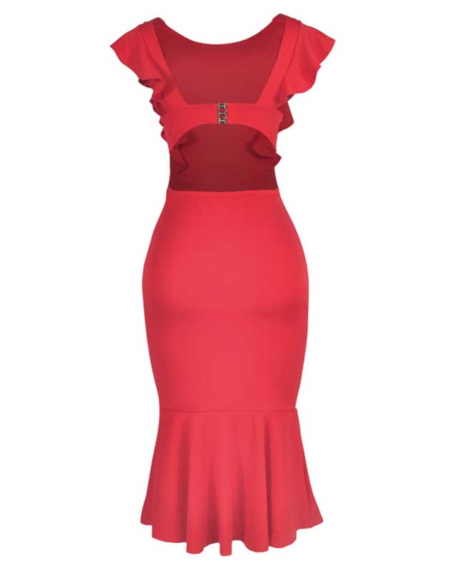 Ruffle Sleeveless Fishtail Bodycon Midi Dress
