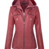 Womens Red Faux Leather Jacket with Hood