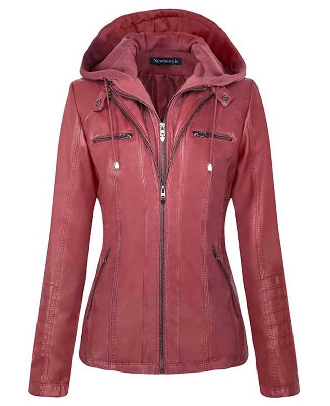 Womens Red Faux Leather Jacket with Hood