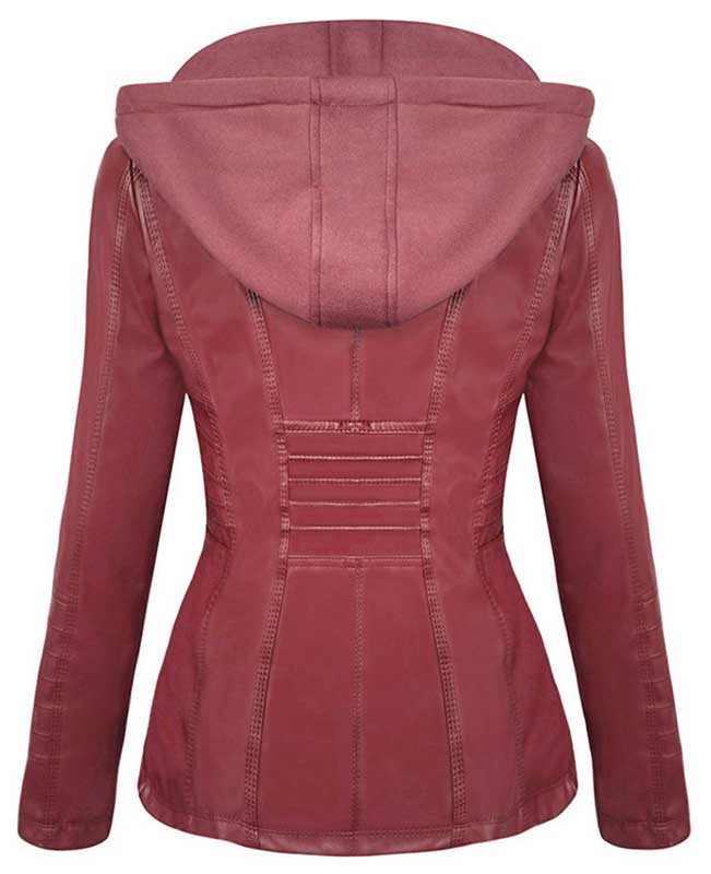 Womens Red Faux Leather Jacket with Hood-2