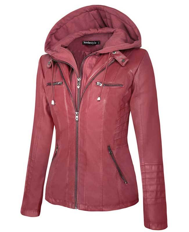 Womens Red Faux Leather Jacket with Hood-4