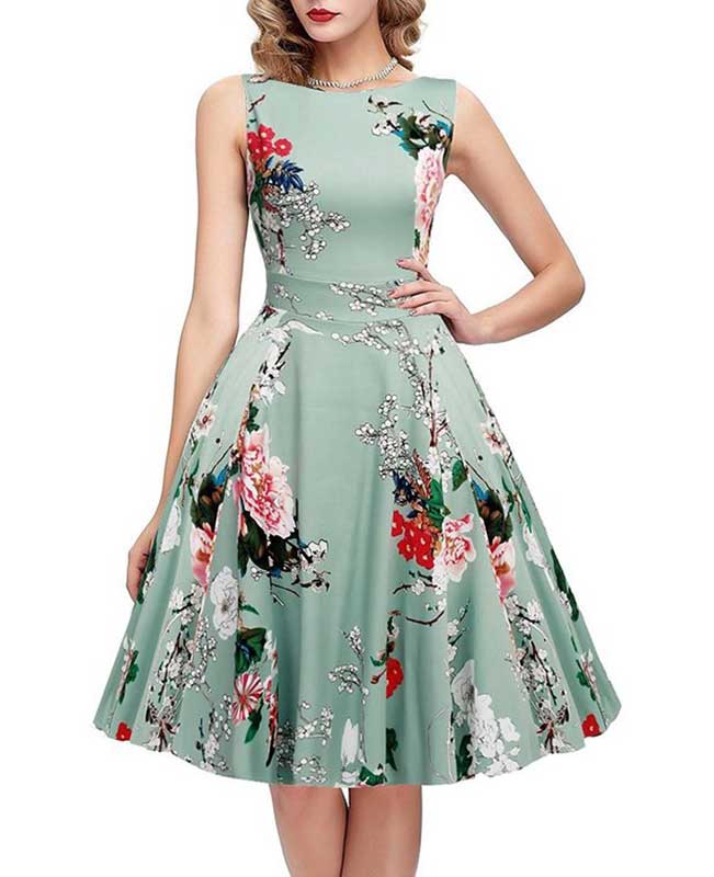 Floral Print Self-Tie Sleeveless Vintage Green Dress