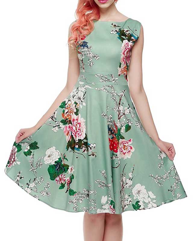Floral Print Self-Tie Sleeveless Vintage Green Dress