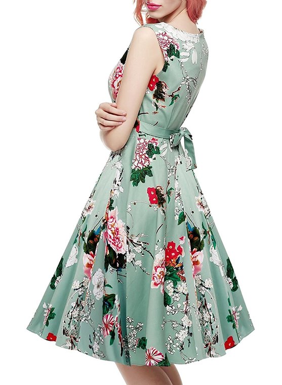 Floral Print Self-Tie Sleeveless Vintage Green Dress