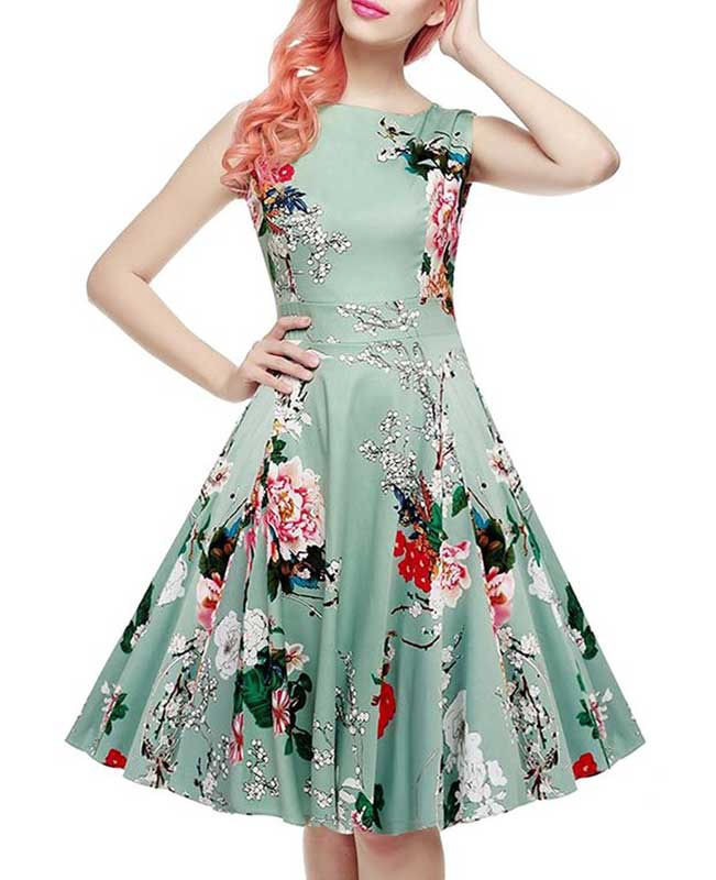Floral Print Self-Tie Sleeveless Vintage Green Dress