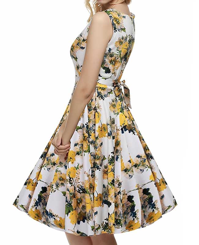 Floral Print Self-Tie Sleeveless Vintage Green Dress