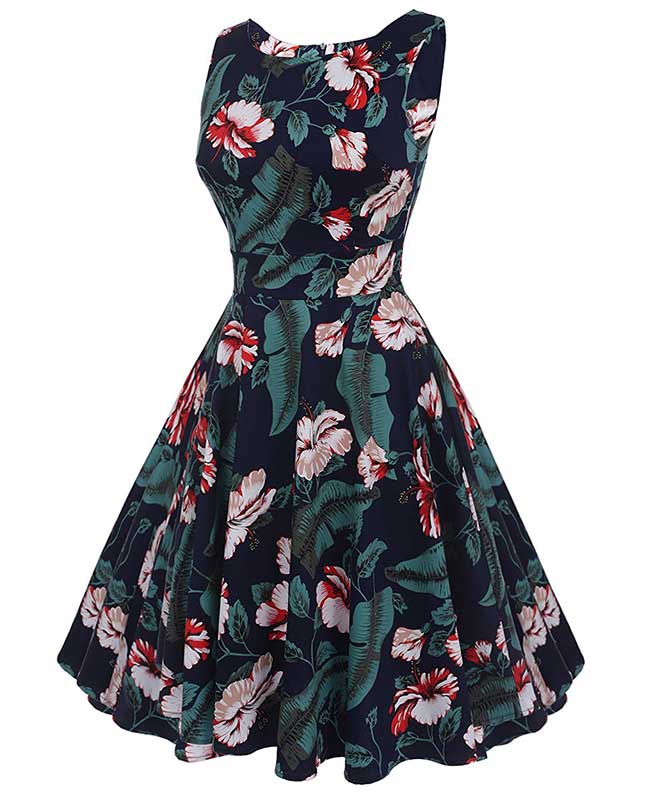 Floral Print Self-Tie Sleeveless Vintage Green Dress