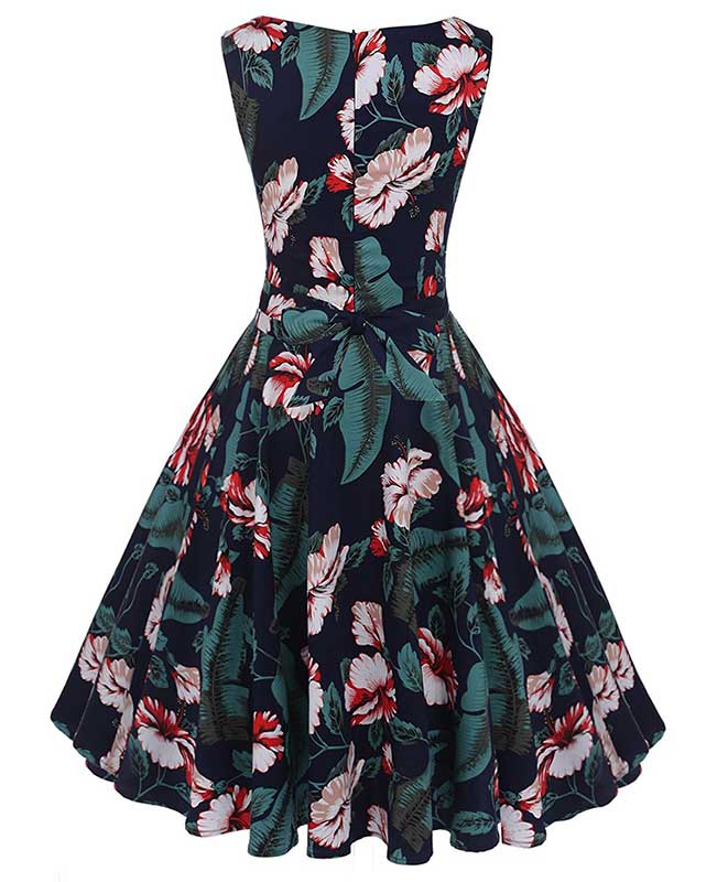 Floral Print Self-Tie Sleeveless Vintage Green Dress