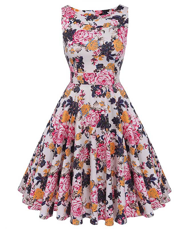 Floral Print Self-Tie Sleeveless Vintage Green Dress