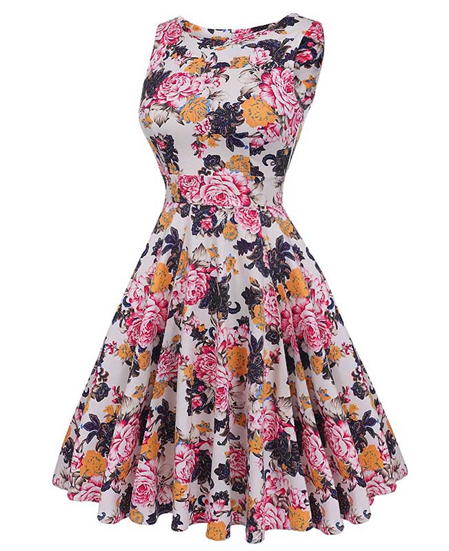 Floral Print Self-Tie Sleeveless Vintage Green Dress