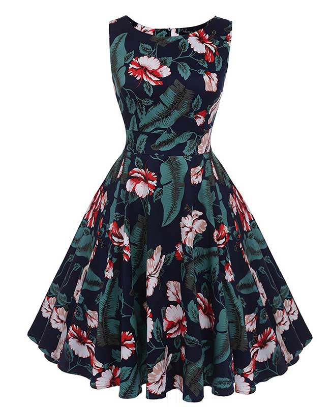 Floral Print Self-Tie Sleeveless Vintage Green Dress