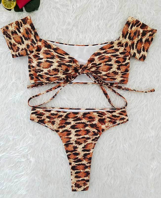 Leopard off hot sale shoulder bikini