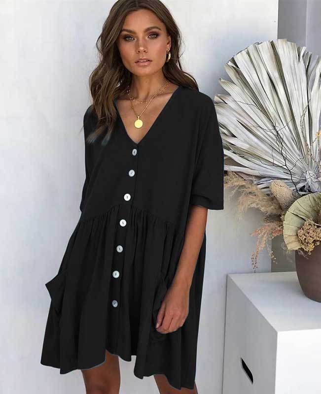 Summer solid color casual loose pockets hot sale mini dress