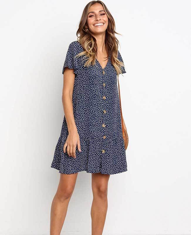 V Neck Button Floral Mini Dress