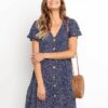 V Neck Button Floral Mini Dress