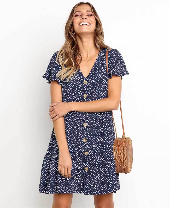 V Neck Button Floral Mini Dress