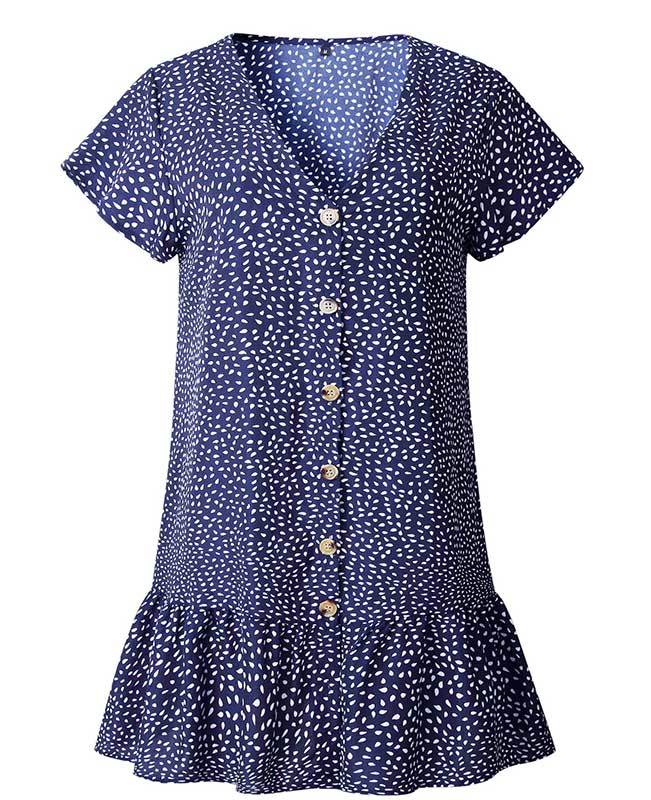V Neck Button Floral Mini Dress