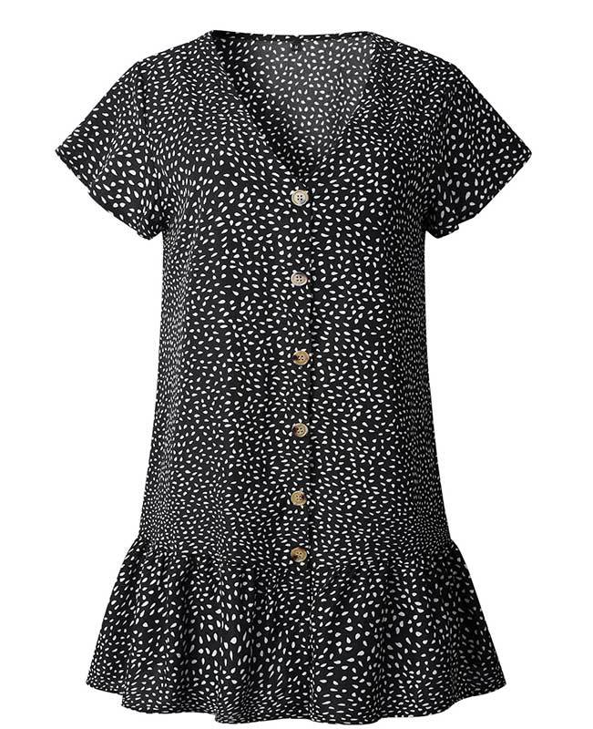 V Neck Button Floral Mini Dress