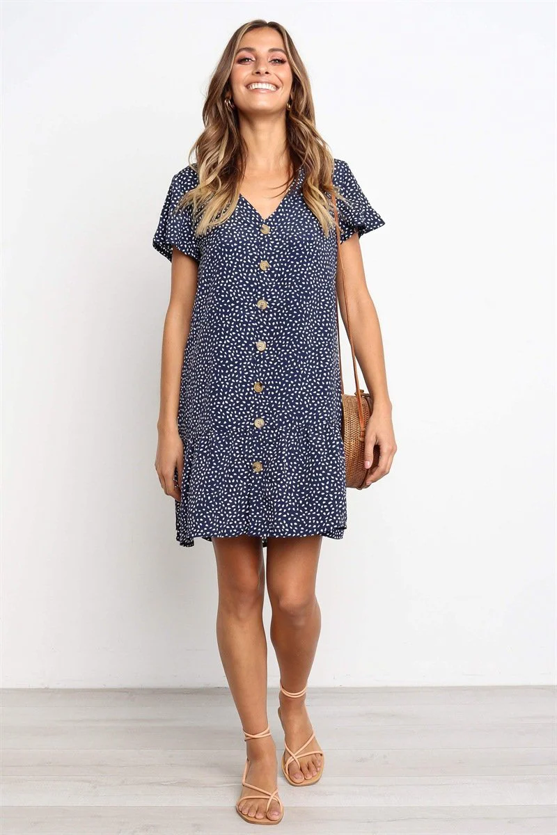 V Neck Button Floral Mini Dress