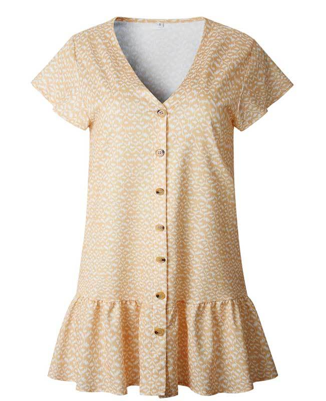V Neck Button Floral Mini Dress