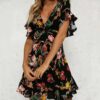 Boho Style Deep V-Neck Flare Sleeve Floral Printed Dress
