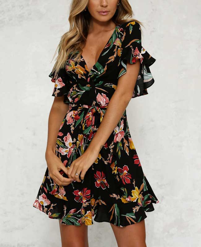 Boho Style Deep V-Neck Flare Sleeve Floral Printed Dress