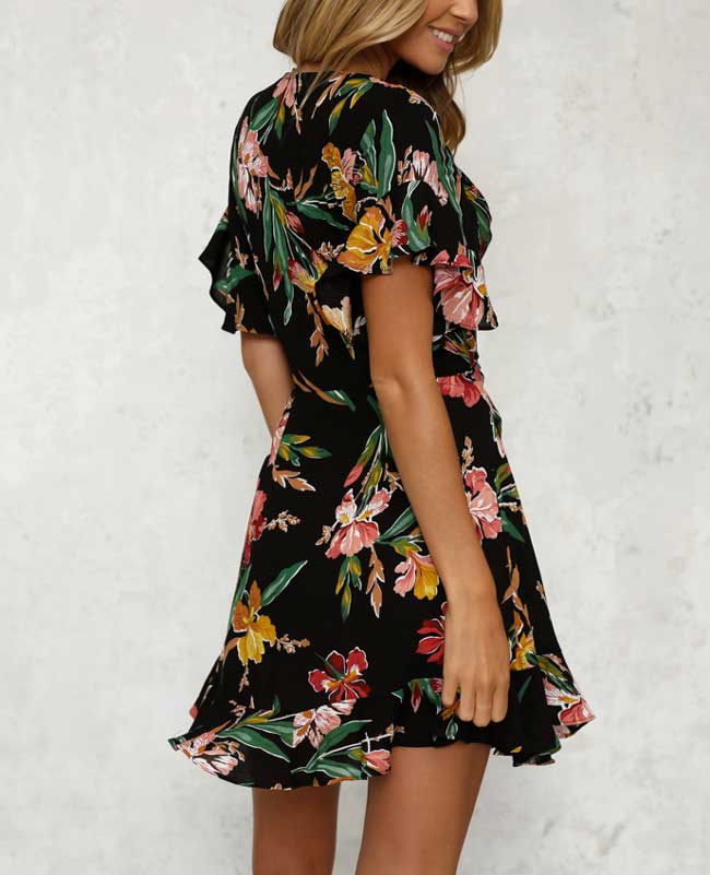 Boho Style Deep V-Neck Flare Sleeve Floral Printed Dress