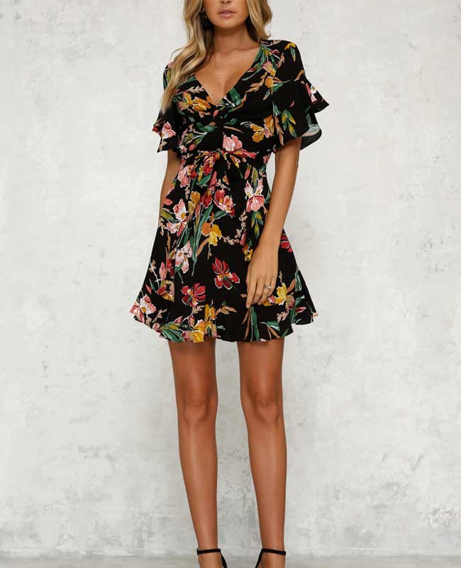 Boho Style Deep V-Neck Flare Sleeve Floral Printed Dress