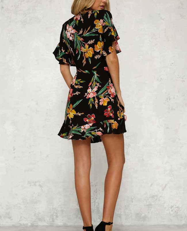 Boho Style Deep V-Neck Flare Sleeve Floral Printed Dress