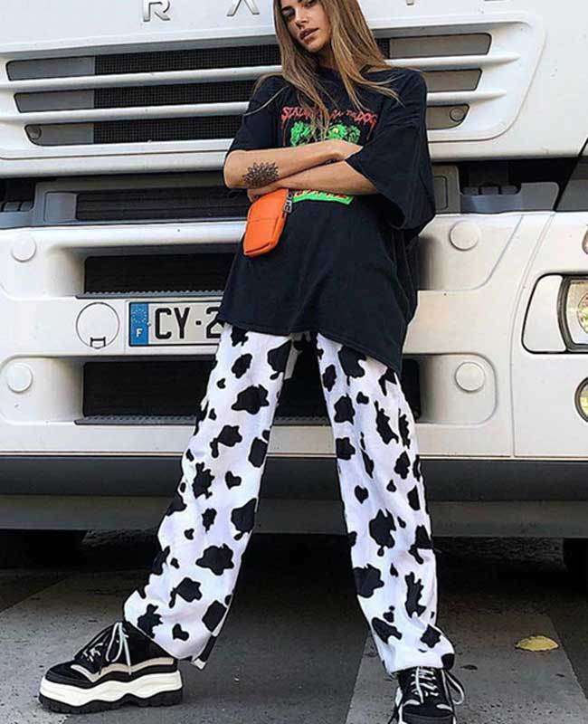 Casual Elastic High Waist Milk Cow Print Pants