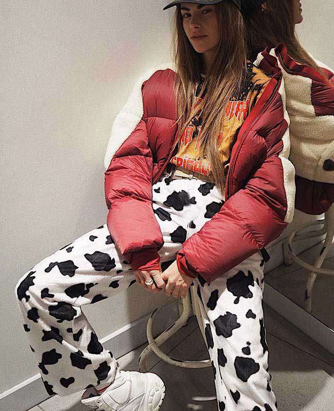 Casual Elastic High Waist Milk Cow Print Pants