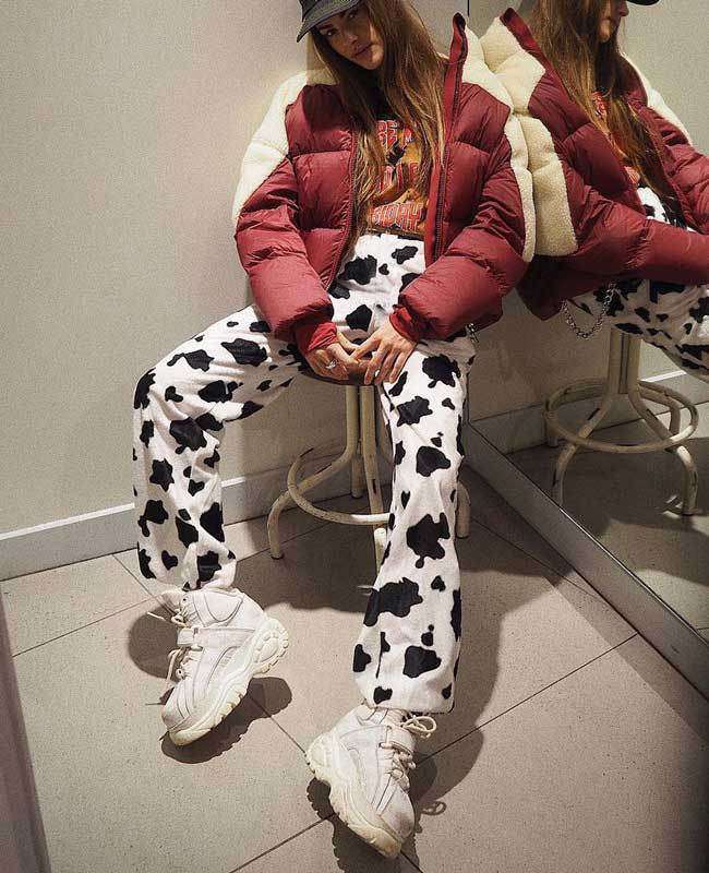 Casual Elastic High Waist Milk Cow Print Pants
