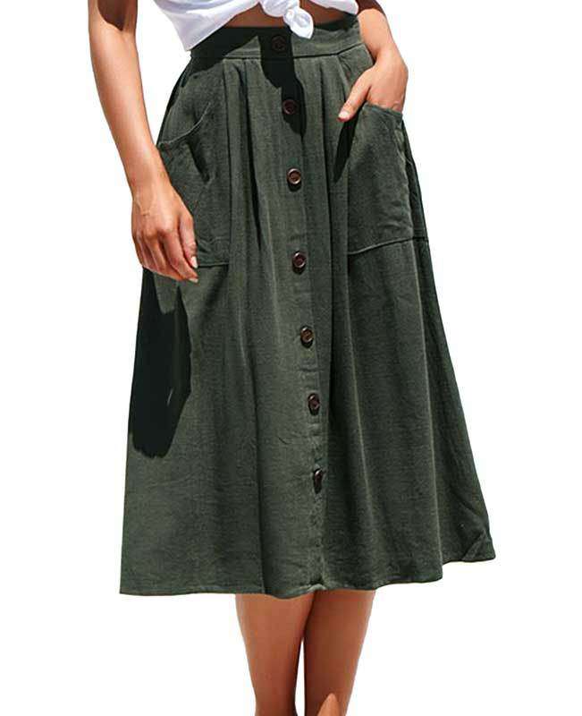 Button Down A-line Midi Skirt