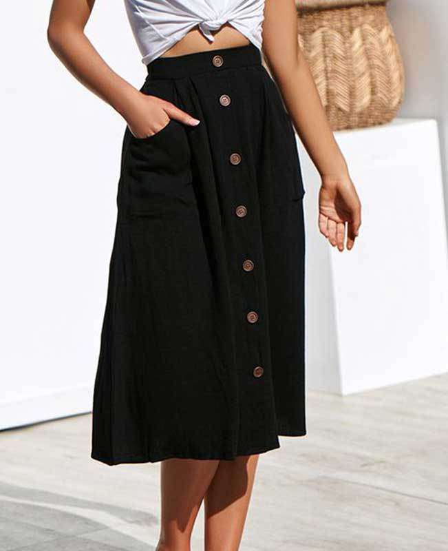 Button Down A-line Midi Skirt