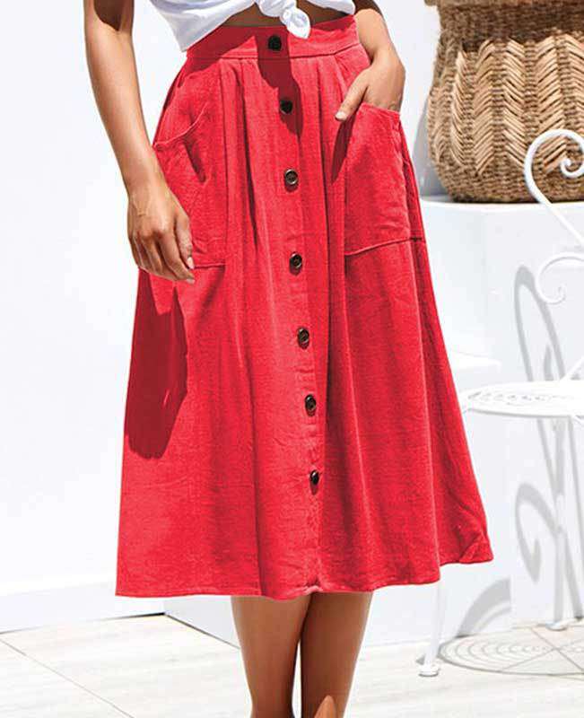 Button Down A-line Midi Skirt