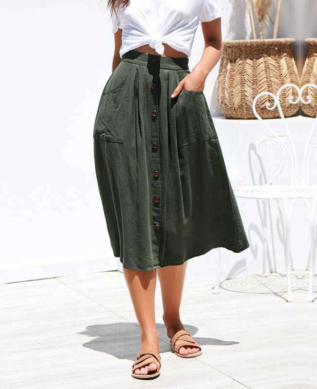 Button Down A-line Midi Skirt-7