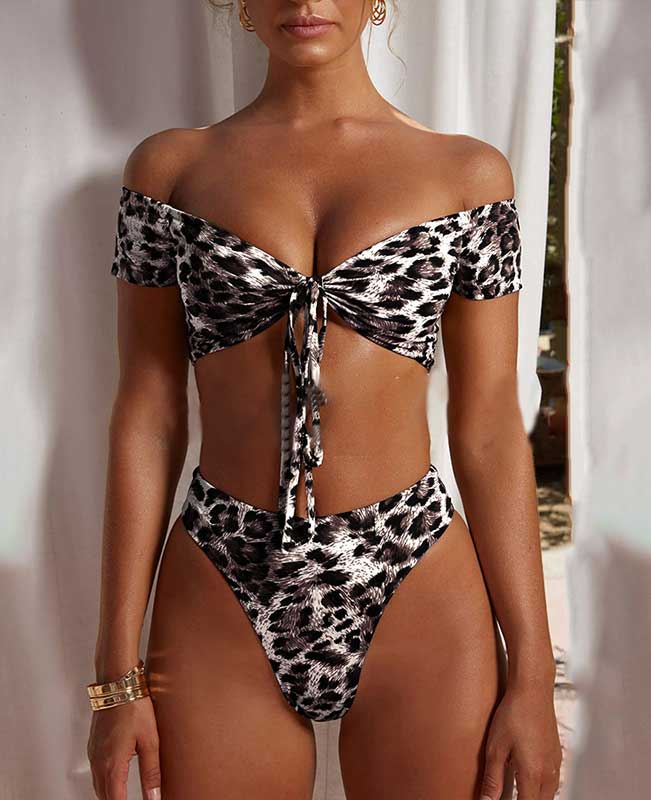 Leopard off hot sale shoulder bikini