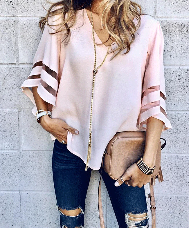 V Neck Loose Mesh Blouse